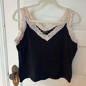 VTG August Silk Y2K Tank Large Black Lace Ribbed Cami Dark Feminine Whimsy Goth